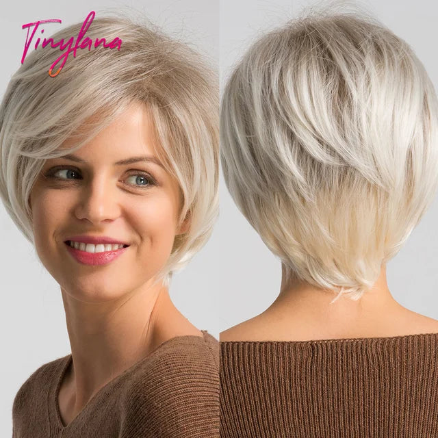 Short Pixie Cut Dark Brown Synthetic Wigs Natural Straight Layered Wig with Fluffy Bangs for Women Daily Heat Resistant Hair