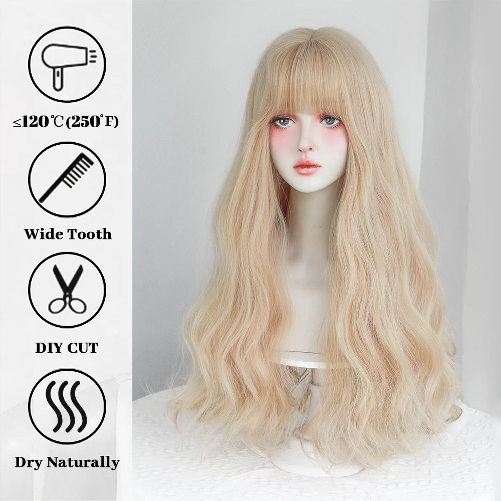 Dense Long Wave Wig Women Wig with Bangs Blonde Cospaly Lolita Daily Party Synthetic Wigs Heat Resistant Fiber Natural Fake Hair - Don't Know What To Gift