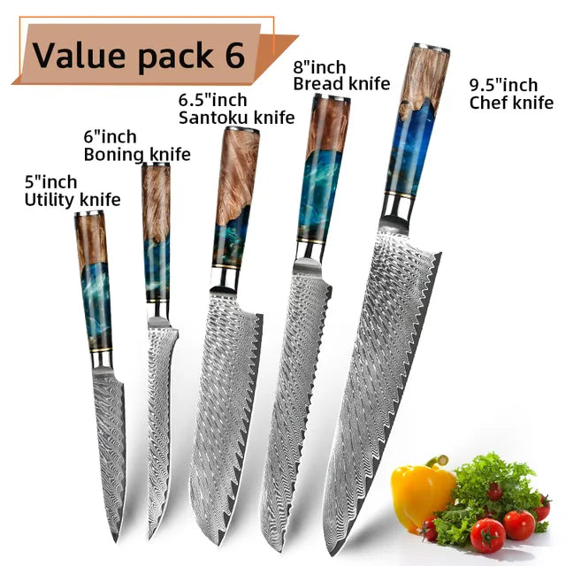 Damascus Steel Kitchen Knives VG10 Chef Paring Bread Knife Chef Knife Sharp Japanese Santoku Knife Resin Wood Handle Set