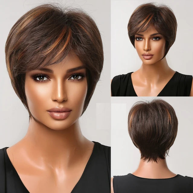 Short Pixie Cut Dark Brown Synthetic Wigs Natural Straight Layered Wig with Fluffy Bangs for Women Daily Heat Resistant Hair