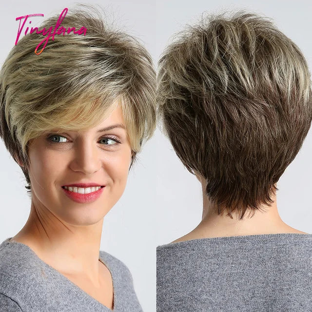 Short Pixie Cut Dark Brown Synthetic Wigs Natural Straight Layered Wig with Fluffy Bangs for Women Daily Heat Resistant Hair