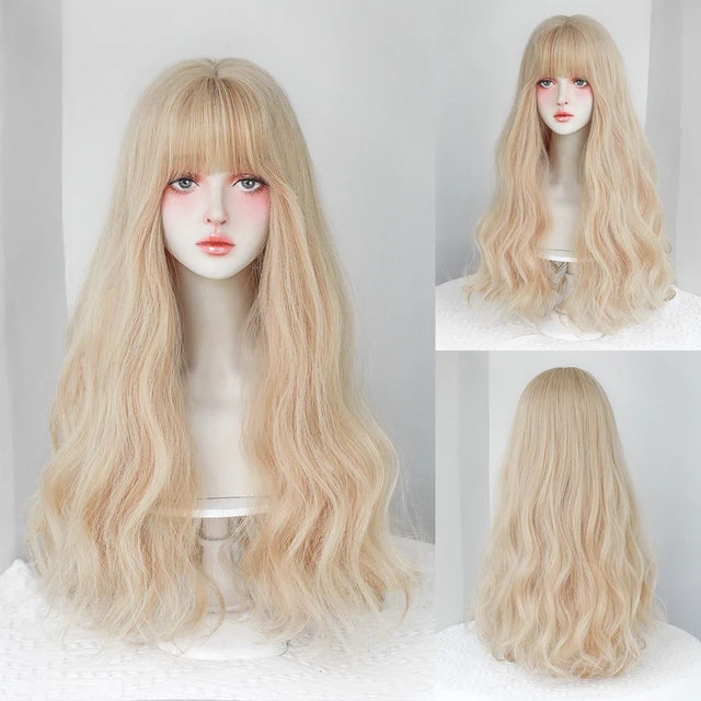 Dense Long Wave Wig Women Wig with Bangs Blonde Cospaly Lolita Daily Party Synthetic Wigs Heat Resistant Fiber Natural Fake Hair - Don't Know What To Gift