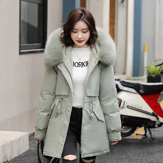 Women Parka Fashion Long Coat Wool Liner Hooded Parkas 2022 New Winter Jacket Slim with Fur Collar Warm Snow Wear Padded Clothes