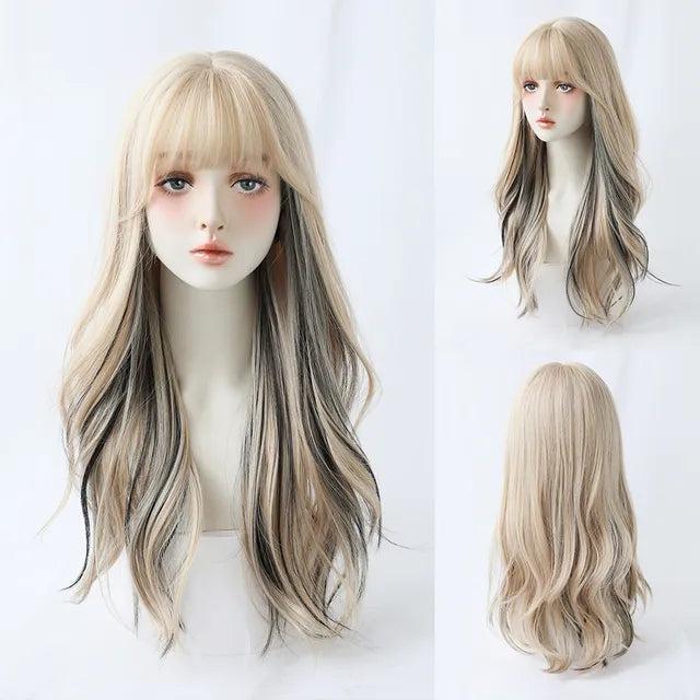 Dense Long Wave Wig Women Wig with Bangs Blonde Cospaly Lolita Daily Party Synthetic Wigs Heat Resistant Fiber Natural Fake Hair - Don't Know What To Gift