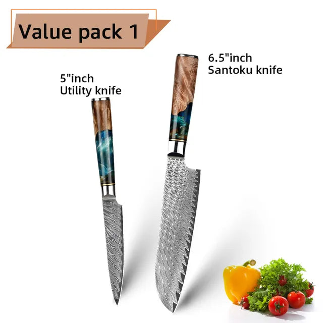 Damascus Steel Kitchen Knives VG10 Chef Paring Bread Knife Chef Knife Sharp Japanese Santoku Knife Resin Wood Handle Set