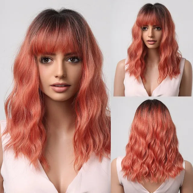 HAIRCUBE Wavy Synthetic Wig With Bangs Short Bob Pink Wigs Curly Wavy Shoulder Length Cosplay Wig Daily Colorful Wig