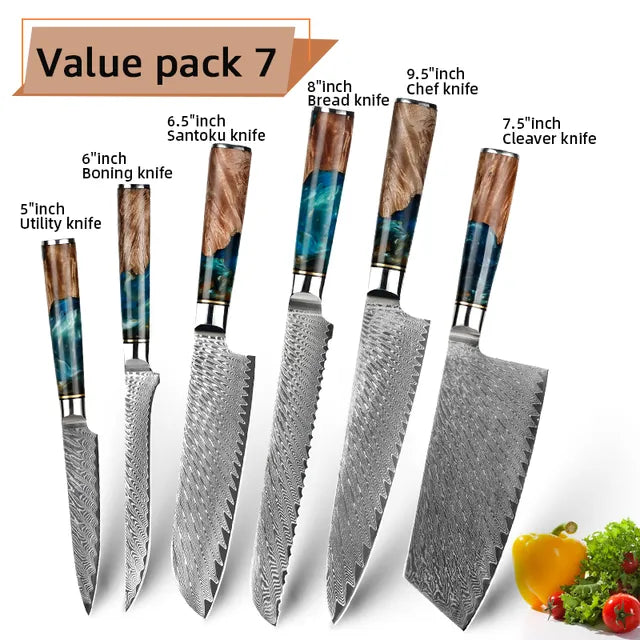 Damascus Steel Kitchen Knives VG10 Chef Paring Bread Knife Chef Knife Sharp Japanese Santoku Knife Resin Wood Handle Set