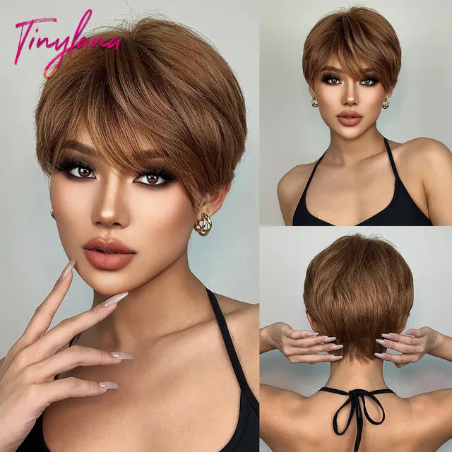 Short Pixie Cut Dark Brown Synthetic Wigs Natural Straight Layered Wig with Fluffy Bangs for Women Daily Heat Resistant Hair