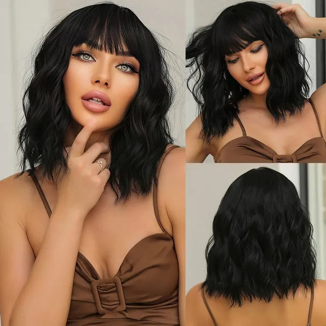 HAIRCUBE Wavy Synthetic Wig With Bangs Short Bob Pink Wigs Curly Wavy Shoulder Length Cosplay Wig Daily Colorful Wig