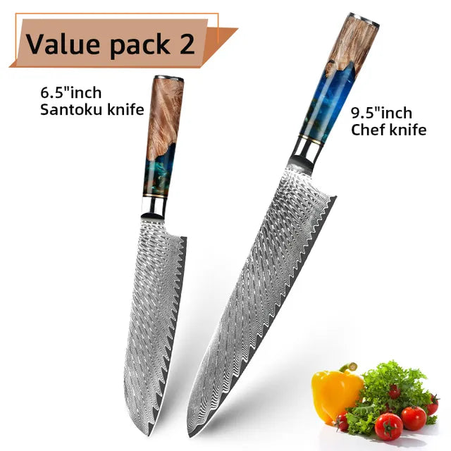 Damascus Steel Kitchen Knives VG10 Chef Paring Bread Knife Chef Knife Sharp Japanese Santoku Knife Resin Wood Handle Set