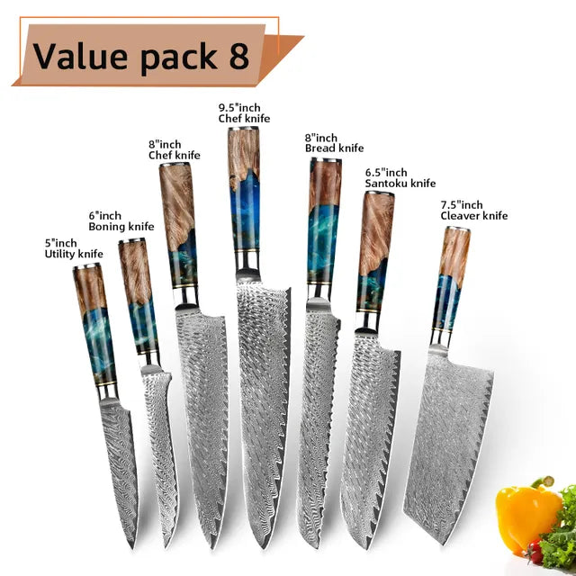 Damascus Steel Kitchen Knives VG10 Chef Paring Bread Knife Chef Knife Sharp Japanese Santoku Knife Resin Wood Handle Set