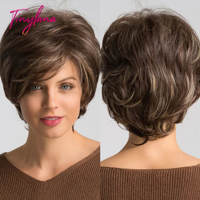 Short Pixie Cut Dark Brown Synthetic Wigs Natural Straight Layered Wig with Fluffy Bangs for Women Daily Heat Resistant Hair