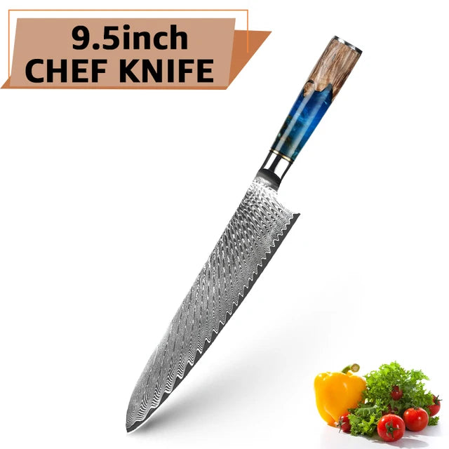 Damascus Steel Kitchen Knives VG10 Chef Paring Bread Knife Chef Knife Sharp Japanese Santoku Knife Resin Wood Handle Set