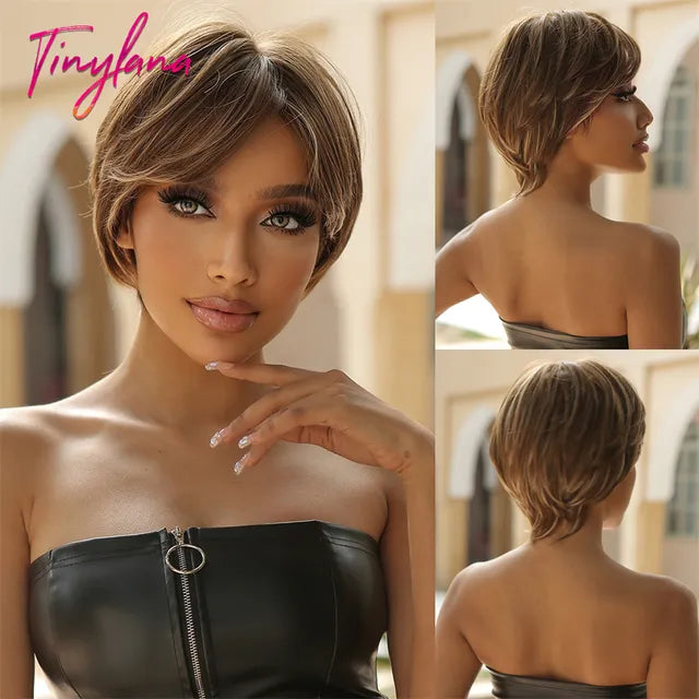 Short Pixie Cut Dark Brown Synthetic Wigs Natural Straight Layered Wig with Fluffy Bangs for Women Daily Heat Resistant Hair