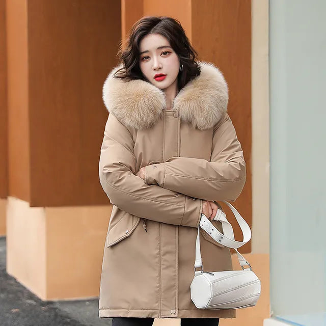 Women Parka Fashion Long Coat Wool Liner Hooded Parkas 2022 New Winter Jacket Slim with Fur Collar Warm Snow Wear Padded Clothes