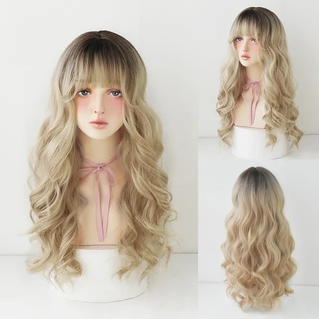 Dense Long Wave Wig Women Wig with Bangs Blonde Cospaly Lolita Daily Party Synthetic Wigs Heat Resistant Fiber Natural Fake Hair - Don't Know What To Gift