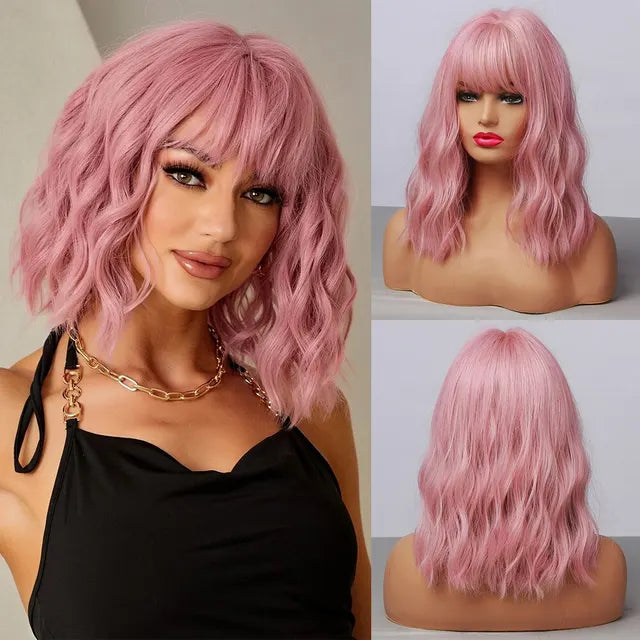 HAIRCUBE Wavy Synthetic Wig With Bangs Short Bob Pink Wigs Curly Wavy Shoulder Length Cosplay Wig Daily Colorful Wig