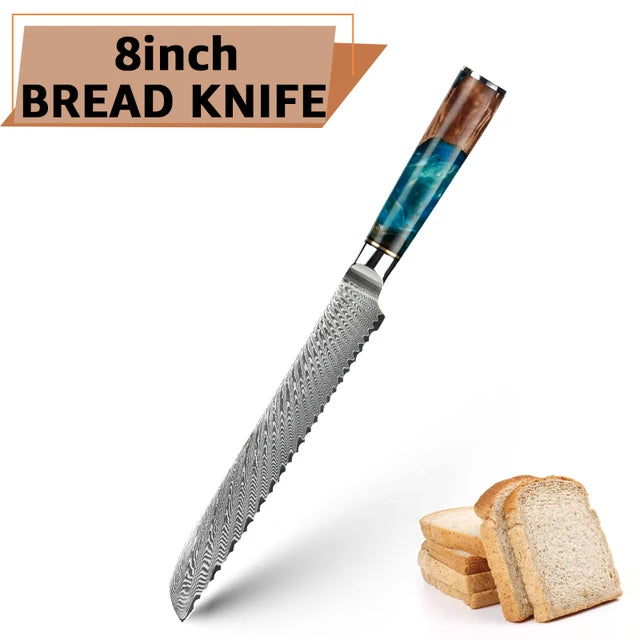 Damascus Steel Kitchen Knives VG10 Chef Paring Bread Knife Chef Knife Sharp Japanese Santoku Knife Resin Wood Handle Set