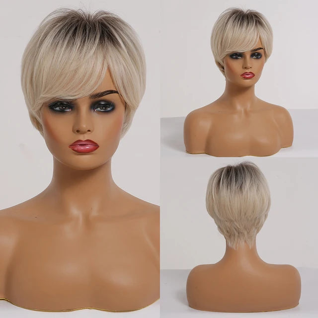 Short Pixie Cut Dark Brown Synthetic Wigs Natural Straight Layered Wig with Fluffy Bangs for Women Daily Heat Resistant Hair