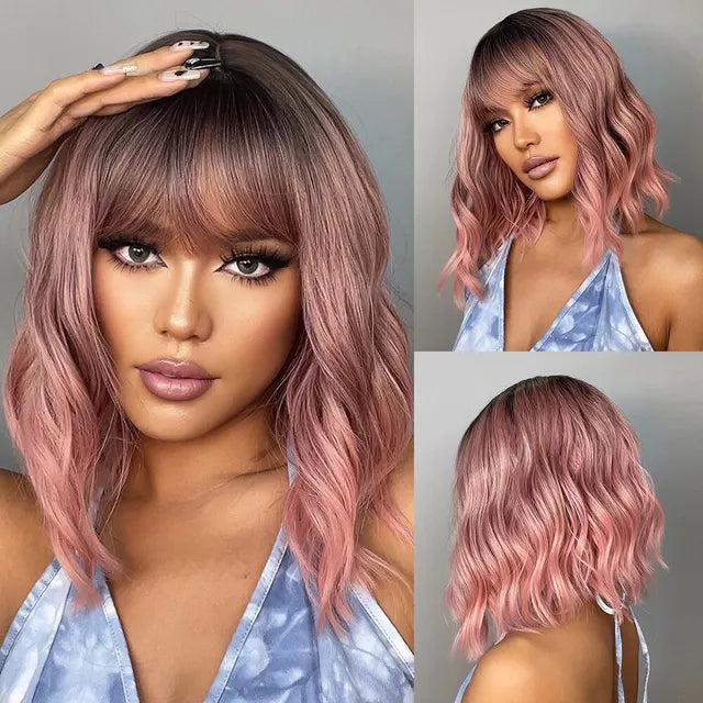 HAIRCUBE Wavy Synthetic Wig With Bangs Short Bob Pink Wigs Curly Wavy Shoulder Length Cosplay Wig Daily Colorful Wig