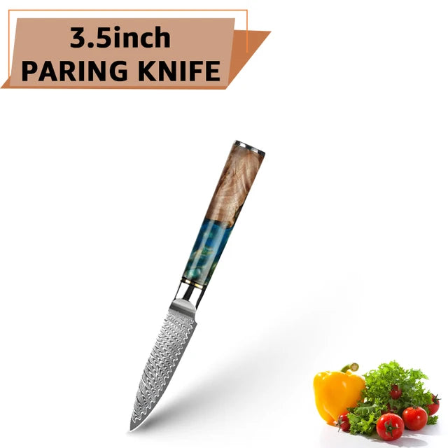 Damascus Steel Kitchen Knives VG10 Chef Paring Bread Knife Chef Knife Sharp Japanese Santoku Knife Resin Wood Handle Set