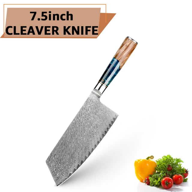 Damascus Steel Kitchen Knives VG10 Chef Paring Bread Knife Chef Knife Sharp Japanese Santoku Knife Resin Wood Handle Set