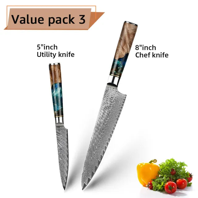 Damascus Steel Kitchen Knives VG10 Chef Paring Bread Knife Chef Knife Sharp Japanese Santoku Knife Resin Wood Handle Set