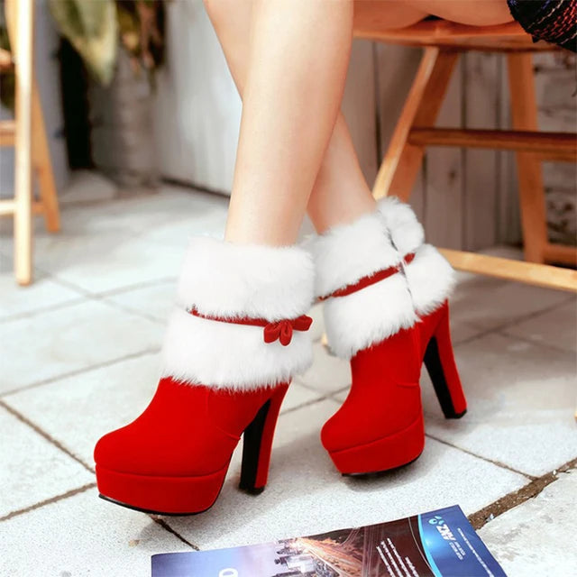 Comemoret High Heels Ladies Shoes Femme Warm Platform Short Boots Red Black Shoe Plus Size 43 Winter Women Christmas Ankle Boo