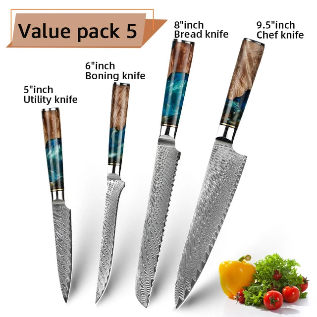 Damascus Steel Kitchen Knives VG10 Chef Paring Bread Knife Chef Knife Sharp Japanese Santoku Knife Resin Wood Handle Set