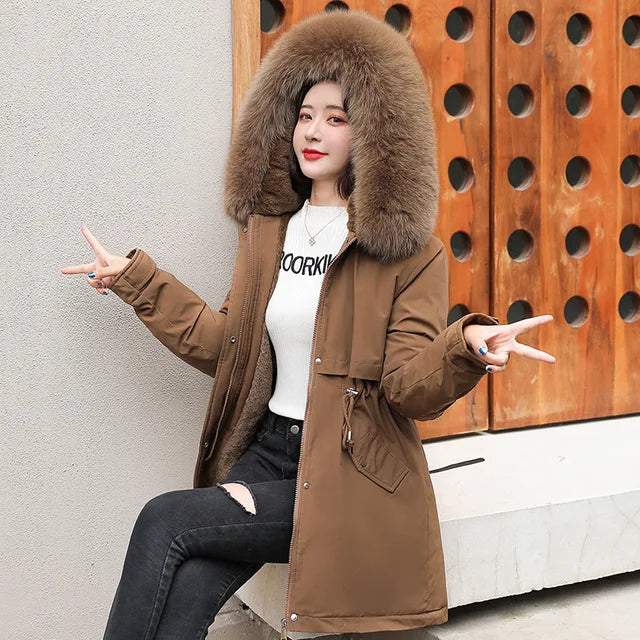 Women Parka Fashion Long Coat Wool Liner Hooded Parkas 2022 New Winter Jacket Slim with Fur Collar Warm Snow Wear Padded Clothes