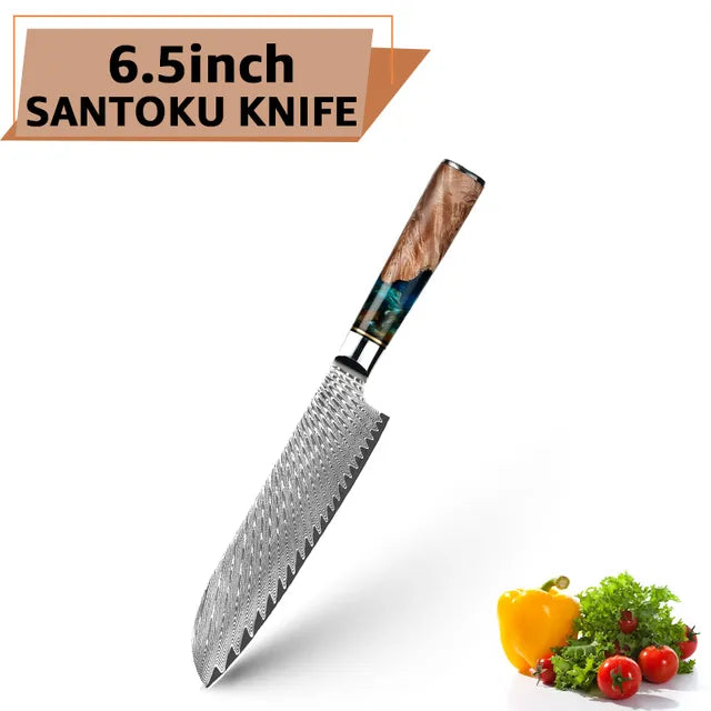 Damascus Steel Kitchen Knives VG10 Chef Paring Bread Knife Chef Knife Sharp Japanese Santoku Knife Resin Wood Handle Set