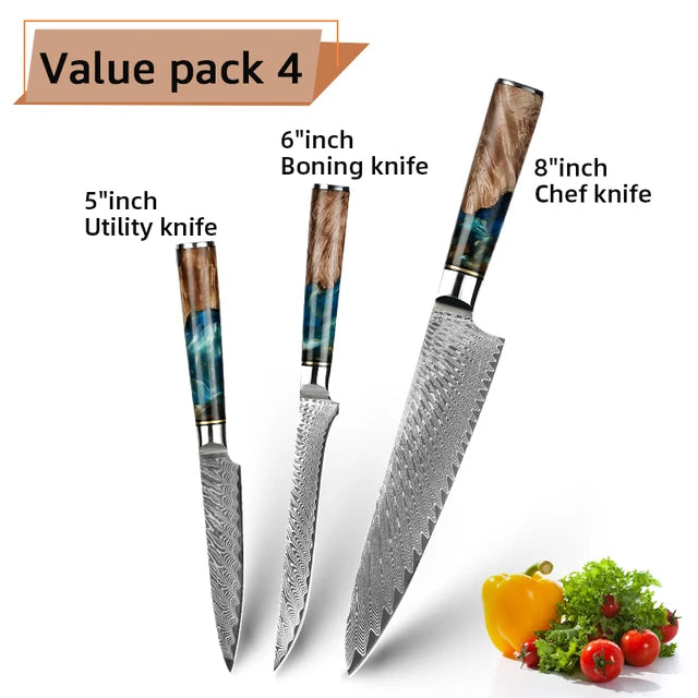 Damascus Steel Kitchen Knives VG10 Chef Paring Bread Knife Chef Knife Sharp Japanese Santoku Knife Resin Wood Handle Set