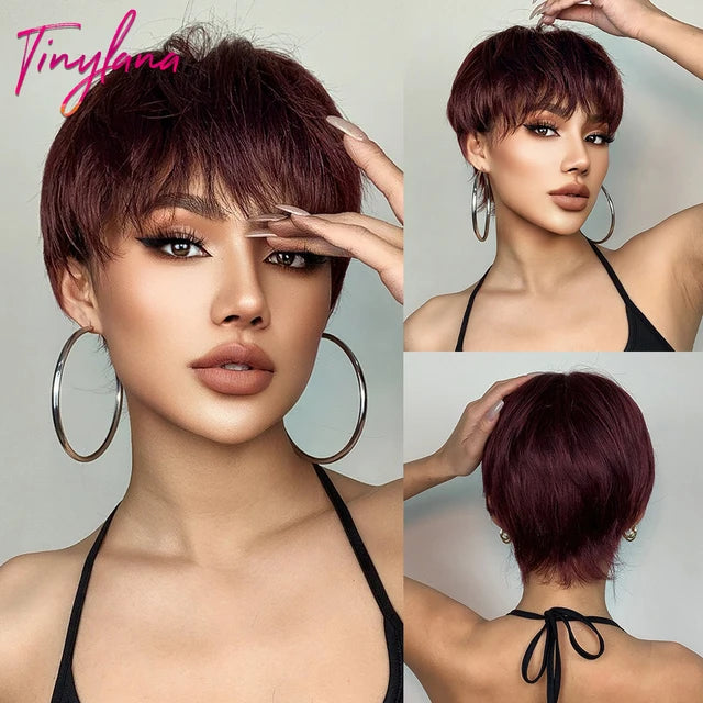 Short Pixie Cut Dark Brown Synthetic Wigs Natural Straight Layered Wig with Fluffy Bangs for Women Daily Heat Resistant Hair