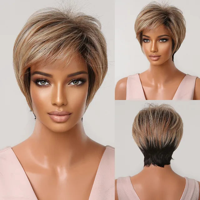 Short Pixie Cut Dark Brown Synthetic Wigs Natural Straight Layered Wig with Fluffy Bangs for Women Daily Heat Resistant Hair