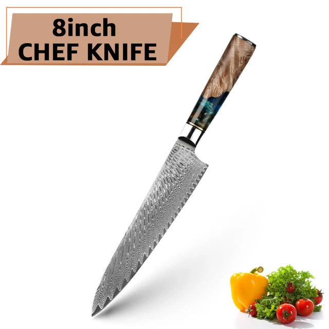 Damascus Steel Kitchen Knives VG10 Chef Paring Bread Knife Chef Knife Sharp Japanese Santoku Knife Resin Wood Handle Set