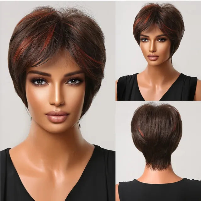 Short Pixie Cut Dark Brown Synthetic Wigs Natural Straight Layered Wig with Fluffy Bangs for Women Daily Heat Resistant Hair