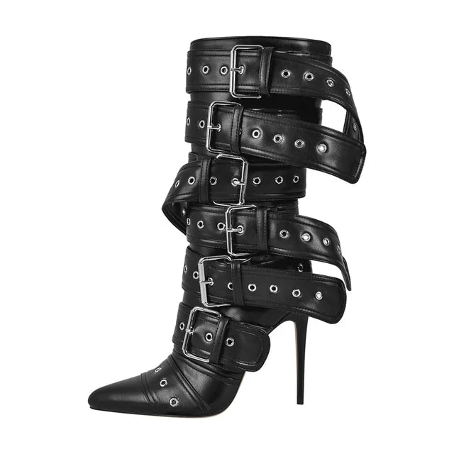 Onlymaker Women Pointed Toe Mid-Calf Boots Buckle Strap Thin High Heel Lady Zipper Female  Stiletto Boots