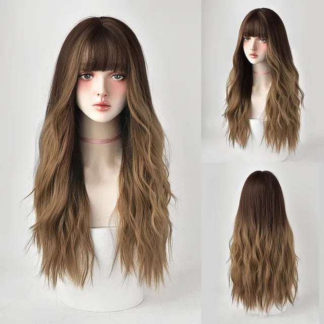 Dense Long Wave Wig Women Wig with Bangs Blonde Cospaly Lolita Daily Party Synthetic Wigs Heat Resistant Fiber Natural Fake Hair - Don't Know What To Gift