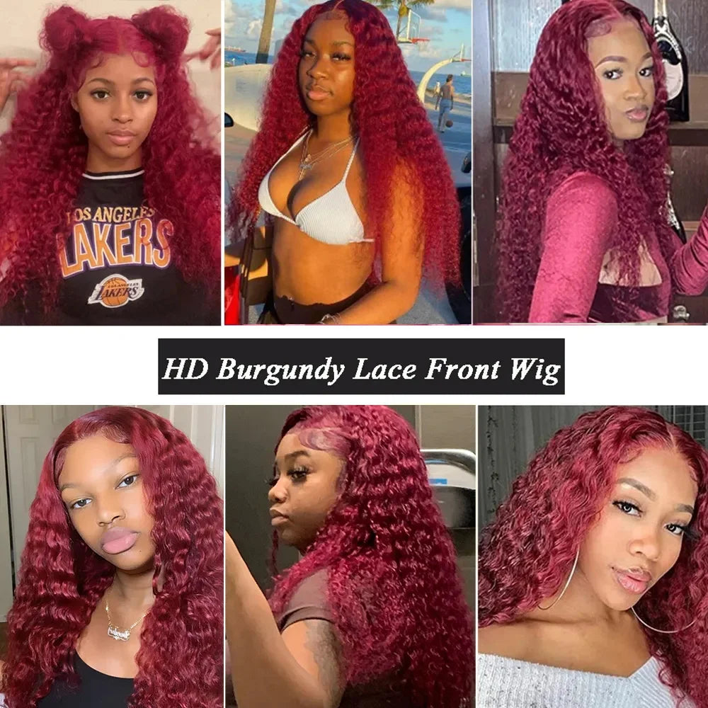 13x4 13x6 Deep Curly Lace Frontal Wig Transparent 99J Burgundy Curly Lace Front Wigs Red Colored HD Deep Wave Human Hair Wigs