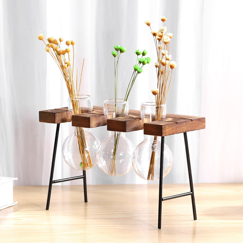 Glass and Wood Vase Planter Table Desktop - Don't Know What To Gift