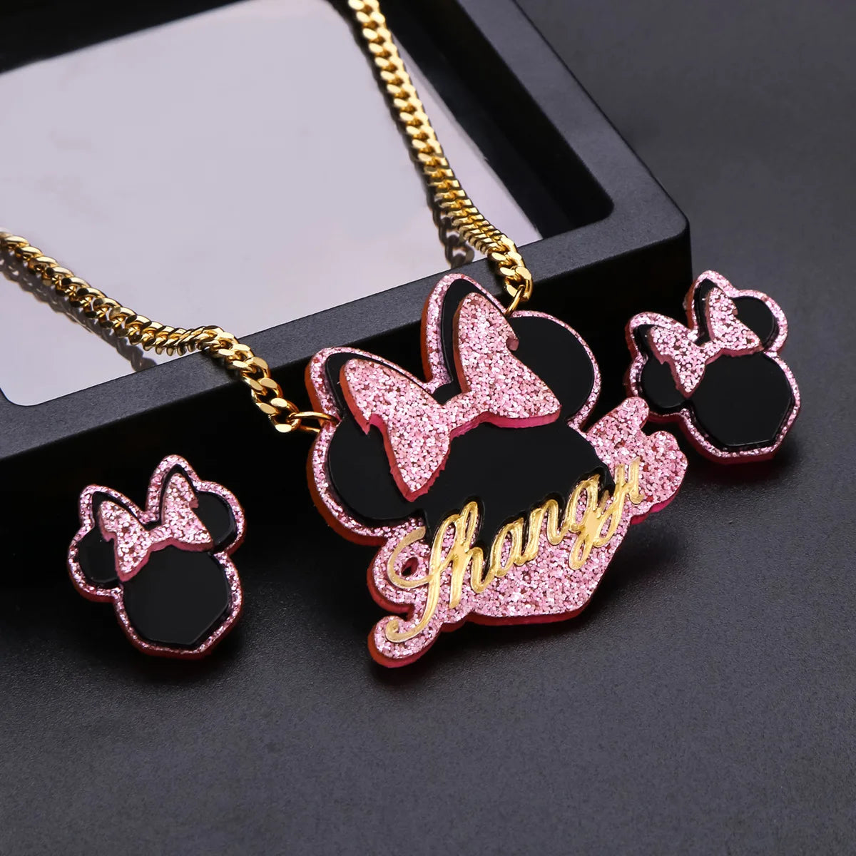 2021 Children's Cartoon Name Necklace Acrylic Name Necklace Stud Earrings Set Custom Cuban Chain Gift - Don't Know What To Gift