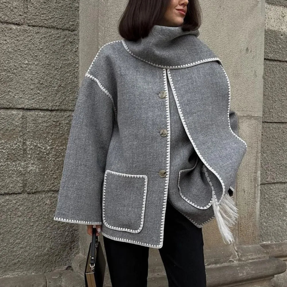 Women Splice Coat With Scarf Chic Long Sleeve Solid Quilted Thick Jacket Loose 2023 Autumn Winter Warm Streetwear