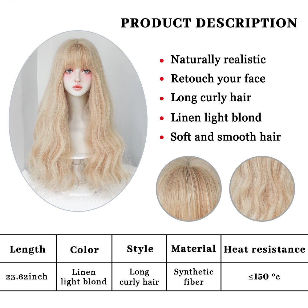 Dense Long Wave Wig Women Wig with Bangs Blonde Cospaly Lolita Daily Party Synthetic Wigs Heat Resistant Fiber Natural Fake Hair - Don't Know What To Gift