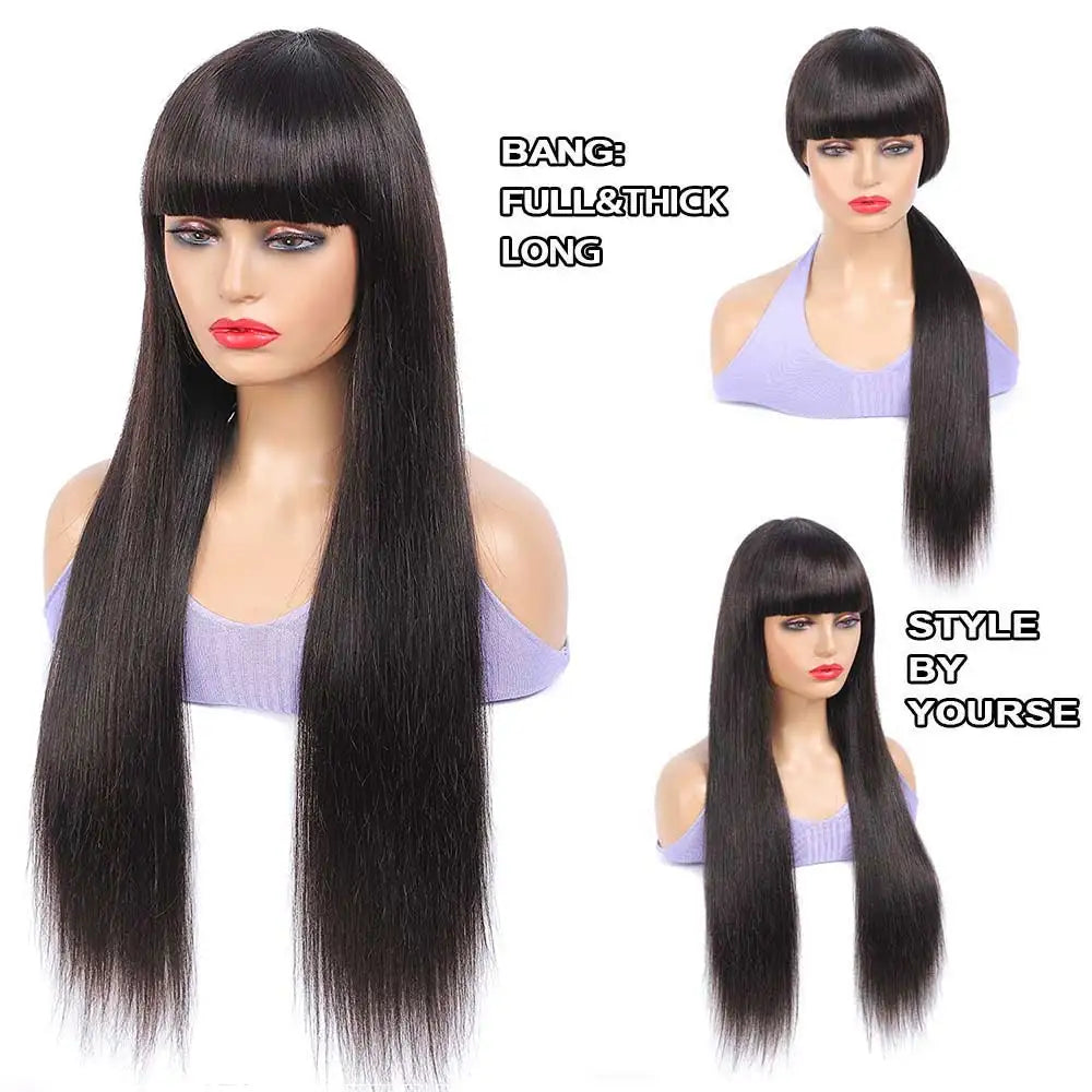 100% Human Hair Wigs Straight Hair With Bang Fringe For Women Brazilian Bob Wig Glueless Full Machine Made With Bangs 30 Inch - Don't Know What To Gift