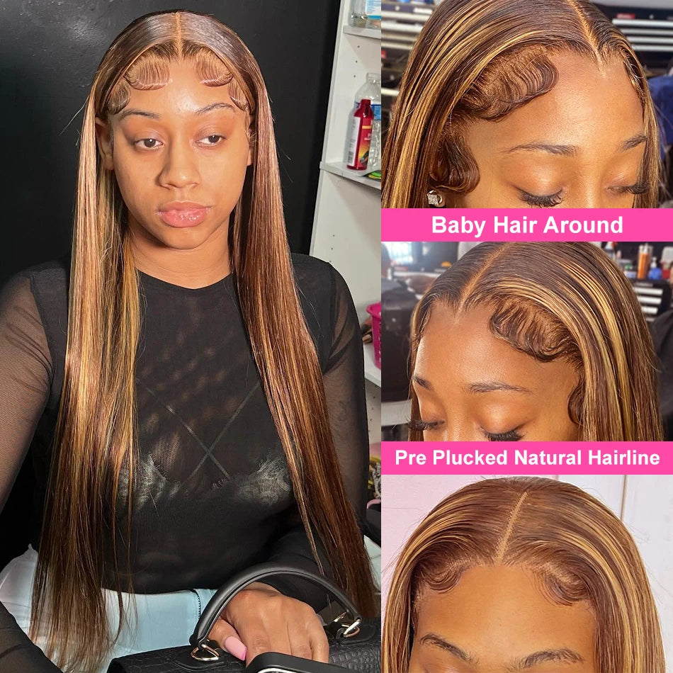 34Inch Bone Straight Highlight Lace Front Human Hair 4/27 Ombre 13x4 Lace Frontal Wigs 13x6 Honey Blonde Colored Wigs For Women