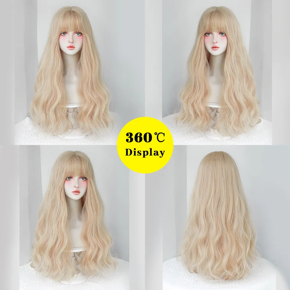 Dense Long Wave Wig Women Wig with Bangs Blonde Cospaly Lolita Daily Party Synthetic Wigs Heat Resistant Fiber Natural Fake Hair - Don't Know What To Gift