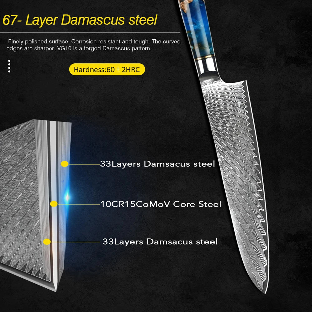 Damascus Steel Kitchen Knives VG10 Chef Paring Bread Knife Chef Knife Sharp Japanese Santoku Knife Resin Wood Handle Set