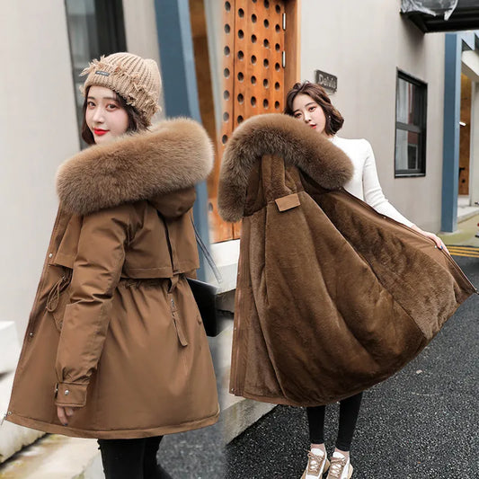 Women Parka Fashion Long Coat Wool Liner Hooded Parkas 2022 New Winter Jacket Slim with Fur Collar Warm Snow Wear Padded Clothes