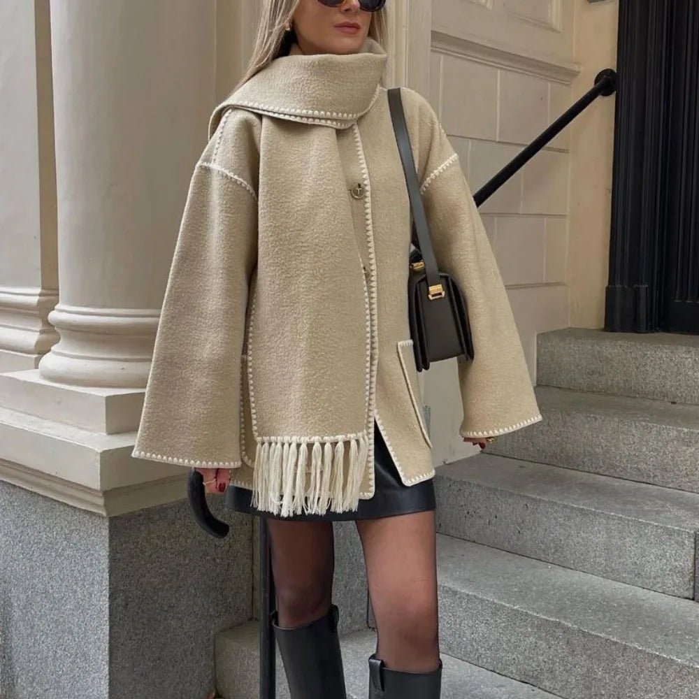 Women Splice Coat With Scarf Chic Long Sleeve Solid Quilted Thick Jacket Loose 2023 Autumn Winter Warm Streetwear