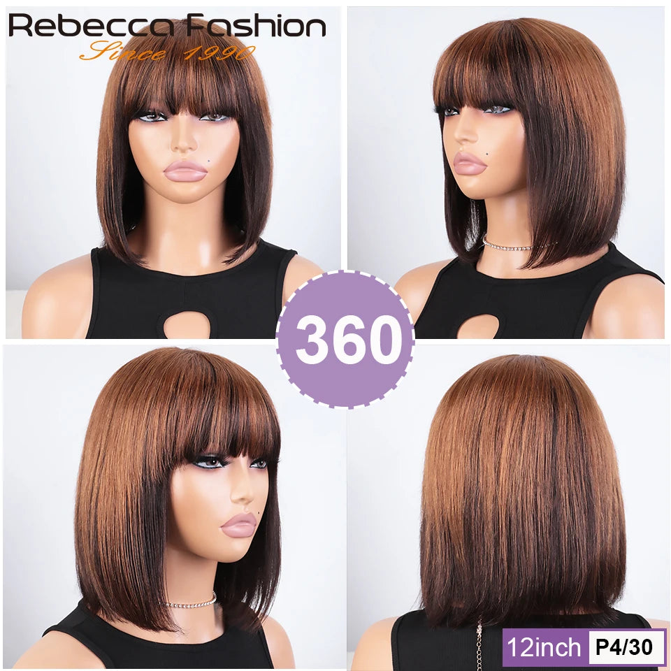 99J Colored Short 180D Straight Brazilian Human Hair Bob Wigs with Bangs Remy Full Machine Made for Women Hightlight Burgundy